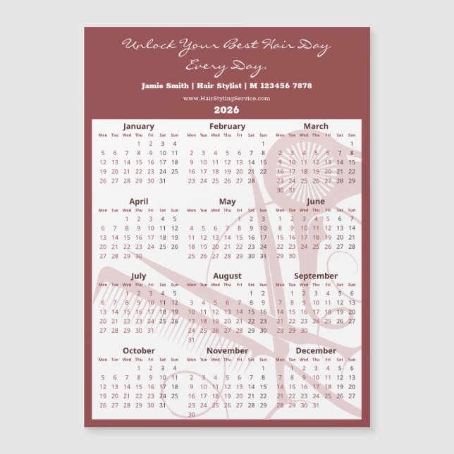 Burgundy White Salon Tools 2026 Calendar Magnet (Devant)