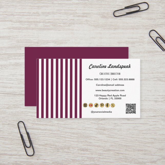 Burgundy White Stripes  QR Code Social Media Icons Visitenkarte (Vorderseite/Rückseite Beispiel)