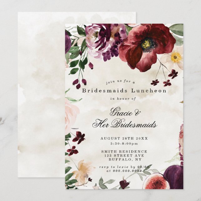 Burgundy Wildblumen Bridesmaids Luncheon Einladung (Vorne/Hinten)