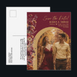 Burgundy Wildflowers Photo Wedding Save the Date Ankündigungspostkarte<br><div class="desc">Give your loved ones advance notice of your upcoming wedding with this beautiful save the date postcard! The rustic burgundy and gold colored boho chic design features your photo in an arch shaped frame with a spray of delicate wildflowers along one side in autumn shades of burgundy, sienna, and marigold....</div>