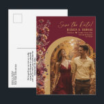 Burgundy Wildflowers Photo Wedding Save the Date Ankündigungspostkarte<br><div class="desc">Give your loved ones advance notice of your upcoming wedding with this beautiful save the date postcard! The rustic burgundy and gold colored boho chic design features your photo in an arch shaped frame with a spray of delicate wildflowers along one side in autumn shades of burgundy, sienna, and marigold....</div>