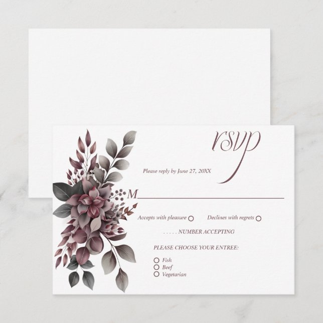 Burgundy Wine and Sage Floral | RSVP Karte (Vorne/Hinten)