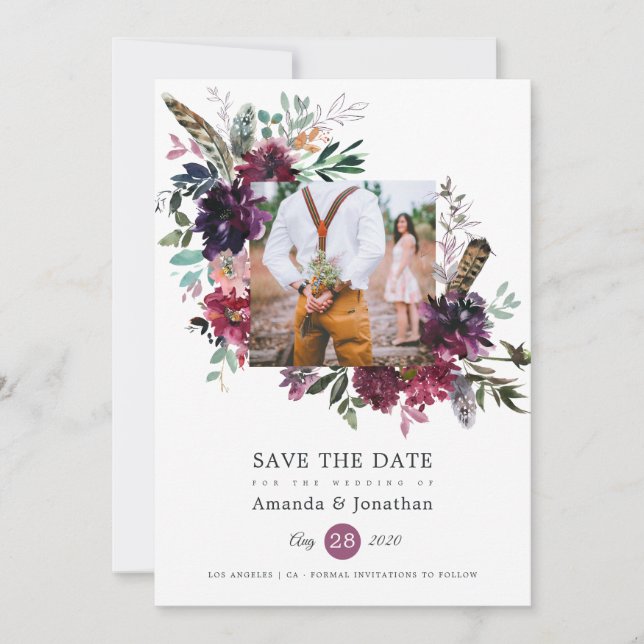 Burgundy Wine Boho Floral Wedding Foto Save The Date (Vorderseite)