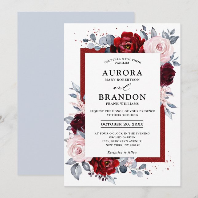 Burgundy Wine Dusty Blue Slate Floral Wedding Einladung (Vorne/Hinten)