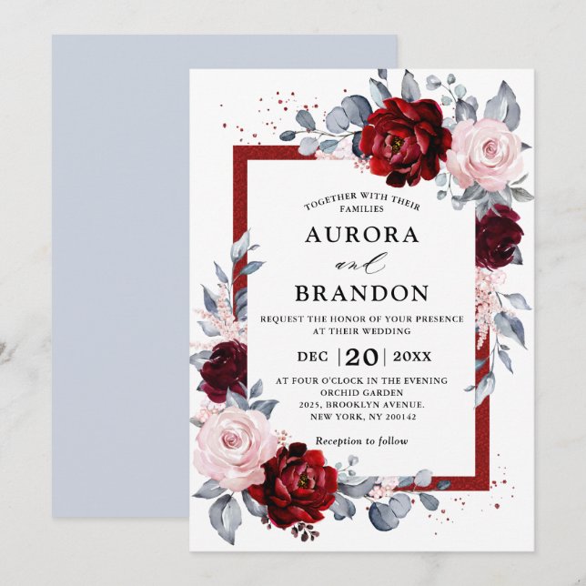 Burgundy Wine Dusty Blue Slate Floral Wedding Einladung (Vorne/Hinten)
