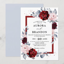 Burgundy Wine Dusty Blue Slate Floral Wedding Einladung