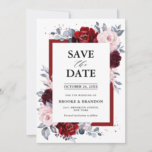 Burgundy Wine Dusty Blue Slate Save the Date (Vorderseite)