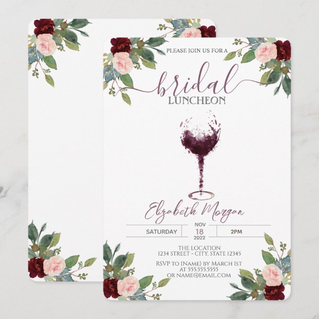 Burgundy Wine Glass Rose Bridal Luncheon Einladung (Vorne/Hinten)