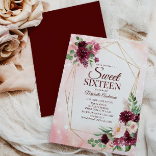 Burgundy Wine Gold Boho Aquarell Blumensüß 16 Einladung