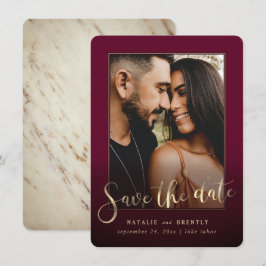 Burgundy Wine Gold Script & Marble Foto Overlay Save The Date