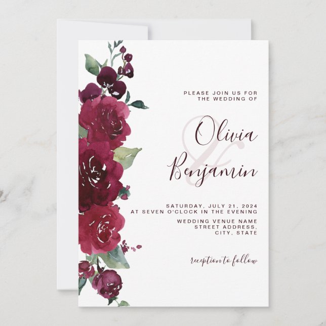 Burgundy Wine Red Marsala Floral Wedding Einladung (Vorderseite)