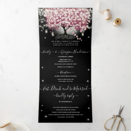 Burgundy Wine Red & Pink Heart Leaf Tree Wedding Dreifach Gefaltete Einladung