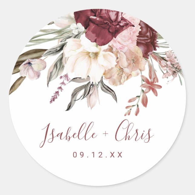 Burgundy Wine Wildblume Wedding Runder Aufkleber (Vorderseite)