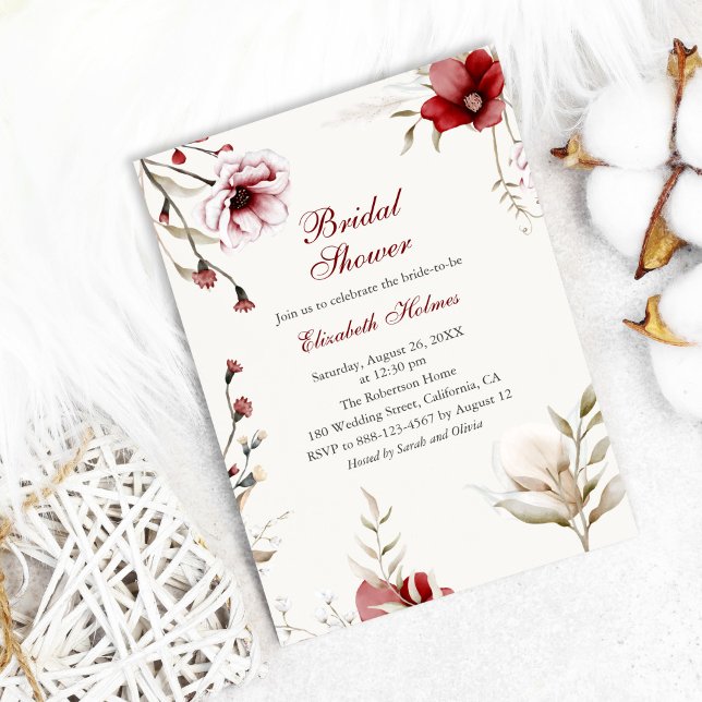 Burgundy Winter Elegance Bridal Dusche Einladung (Burgundy Winter Elegance Bridal Shower Invitation on cozy white background with cotton flowers)