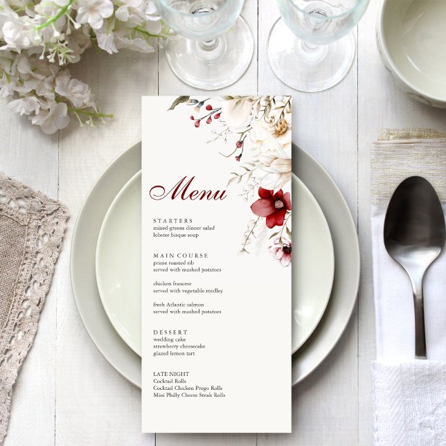 Burgundy Winter Elegance Menu Card Menükarte (Burgundy Winter Elegance Menu Card on a white and silver wedding dinner table.)