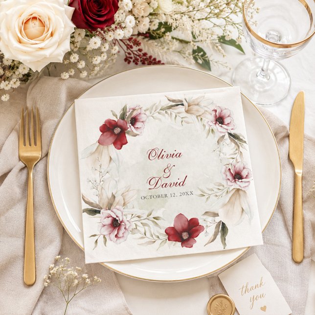 Burgundy Winter Elegance Wedding Serviette (Burgundy Ivory Floral Wreath Wedding Paper Napkins)