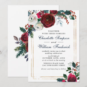 Burgundy Winter Rose Foliage Watercolor Hochzeit Einladung