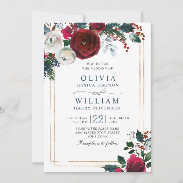 Burgundy Winter Rose Foliage Watercolor Hochzeit Einladung (Vorderseite)