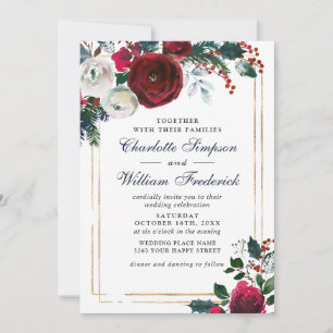 Burgundy Winter Rose Foliage Watercolor Hochzeit Einladung