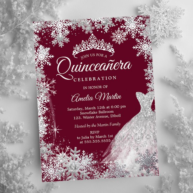 Burgundy Winter Snowflake Dress Quinceanera Folieneinladung (Von Creator hochgeladen)