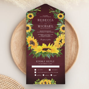 Burgundy Wood Country Sunflowers Garland Wedding All In One Einladung