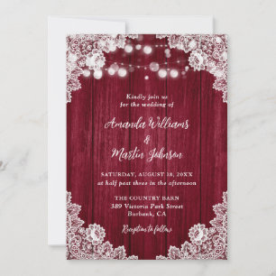 Burgundy Wood Lace Romantische Rustikale Hochzeit Einladung