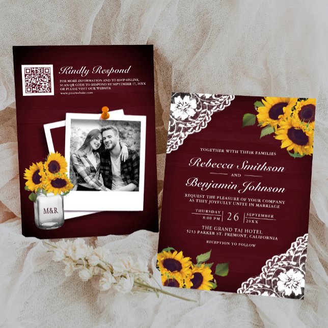 Burgundy Wood Lace Sunflower Photo QR Code Wedding Einladung (Von Creator hochgeladen)