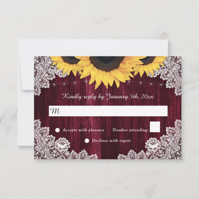 Burgundy Wood Lace Sunflower Wedding RSVP Karten (Vorderseite)