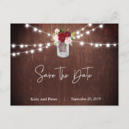 Burgundy Wood Mason Jar Wedding speichern das Datu Ankündigungspostkarte