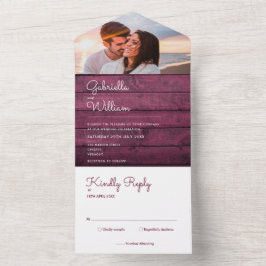 Burgundy Wood String Lights Foto Wedding All In One Einladung