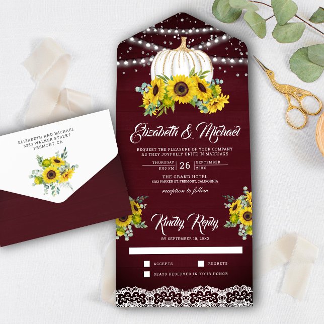 Burgundy Wood Sunflowers White Pumpkin Wedding All In One Einladung (Von Creator hochgeladen)