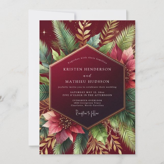 Burgundy Woodland Winter Wedding Einladung (Vorderseite)