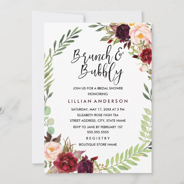 Burgundy Wreath Brunch und Bubbly Brautparty Einladung (Vorderseite)