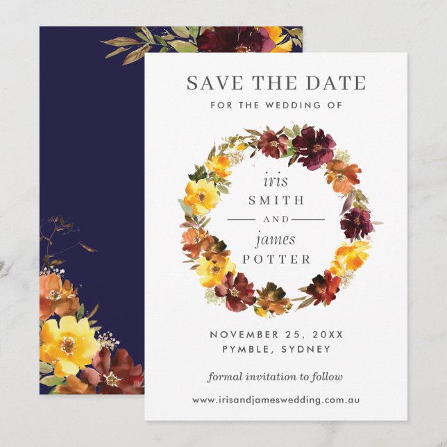 Burgundy Yellow Floral Wedding Save the Date Card Einladung (Vorne/Hinten)