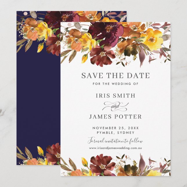 Burgundy Yellow Floral Wedding Save the Date Card Einladung (Vorne/Hinten)