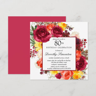 Burgundy Yellow Orange Floral 80. Geburtstag Einladung