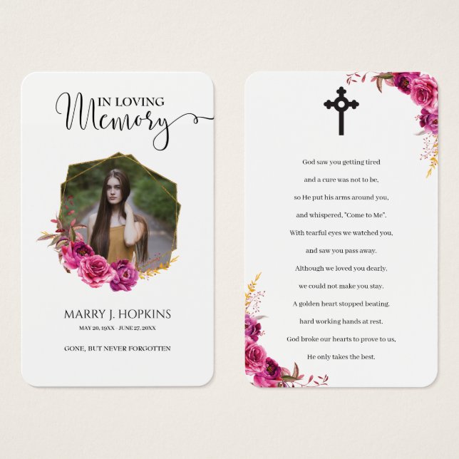 Burguny Blossom Photo Memorial Prayer Cards (Vorne & Hinten)