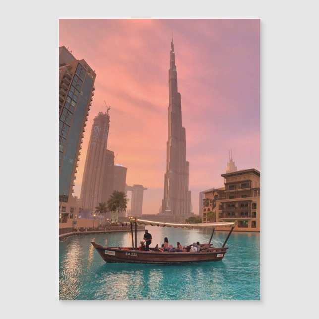 Burj Khalifa Boat See Stadtscape Magnetkarte (Vorderseite)