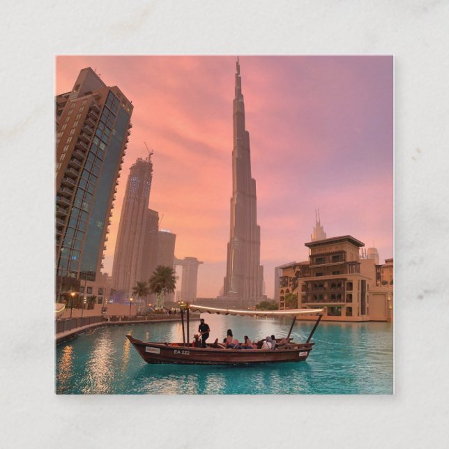Burj Khalifa Boat See Stadtscape Quadratische Visitenkarte (Vorderseite)