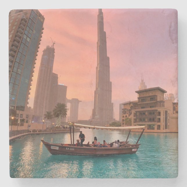 Burj Khalifa Boat See Stadtscape Steinuntersetzer (Vorderseite)