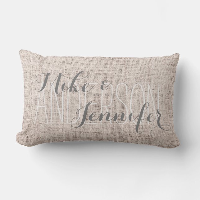 Burlap-ähnliche Personalize Wedding Names Date Ges Kissen Für Draußen (Vorderseite)