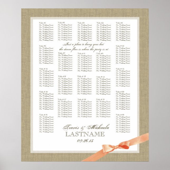 Burlap and Coral Bow Wedding Seating Chart Poster (Vorne)