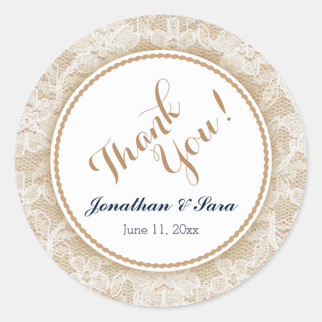 Burlap and Lace Personalisiert Wedding Vielen Dank Runder Aufkleber (Vorderseite)