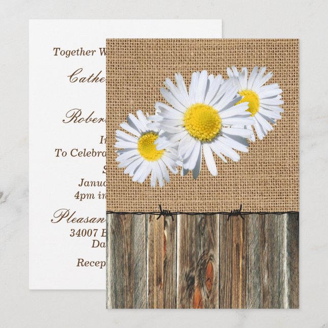Burlap Barnwood Barbed Wire und Daisies laden ein Einladung (Vorne/Hinten)