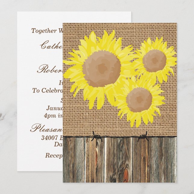 Burlap Barnwood Barbed Wire und Sonnenblumen laden Einladung (Vorne/Hinten)