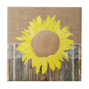 Burlap-Barnwood-Spitzen und Sonnenblumen Fliese