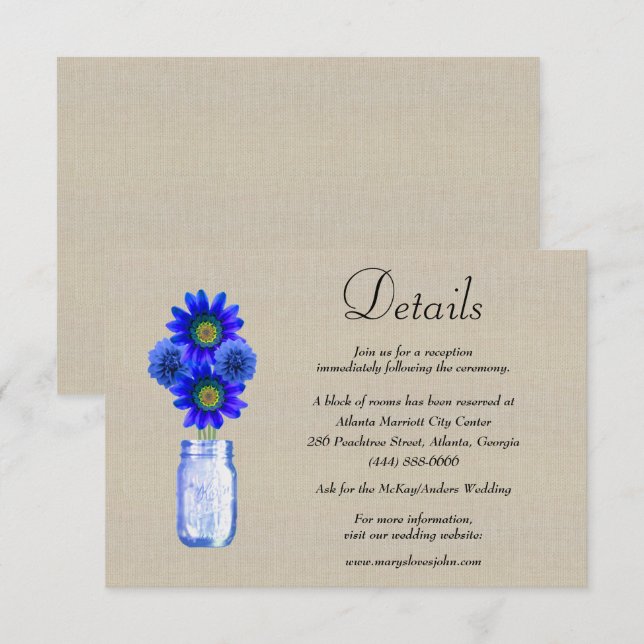 Burlap Blue Floral Mason Jar Wedding Details Begleitkarte (Vorne/Hinten)