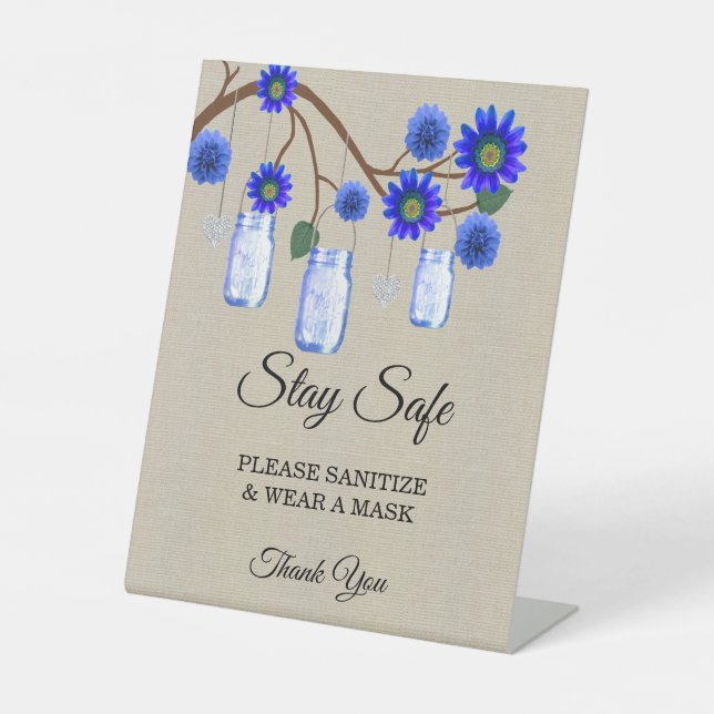 Burlap Blue Floral Mason Jar Wedding Safety Sockelschild (Vorderseite)
