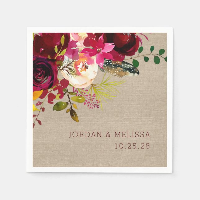 Burlap Burgundy Hochzeitsnapkins Rustic Serviette (Vorderseite)