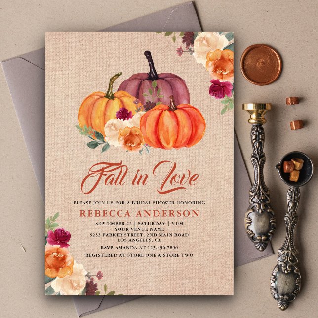 Burlap Burnt Orange Floral Pumpkin Brautparty Einladung (Von Creator hochgeladen)